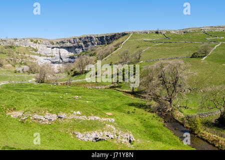 Afficher le long de Malham Beck et la campagne à Malham Cove. Malham, Malhamdale, Yorkshire Dales National Park, Yorkshire, Angleterre, Royaume-Uni, Angleterre Banque D'Images