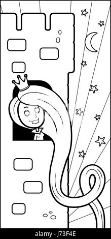 Un cartoon smiling princesse dans une tour du château. Illustration de Vecteur