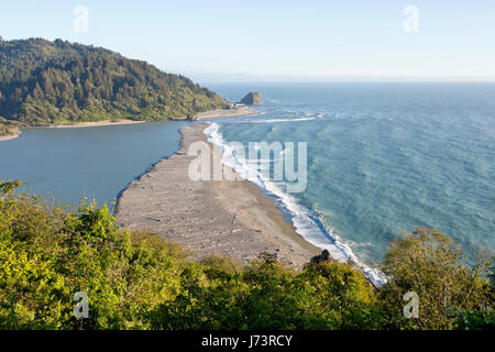 Donnant sur la bouche du fleuve Klamath, banc de bois de grève, sapin, chêne à feuilles caduques en direct & forêt en arrière-plan, Klamath. Banque D'Images