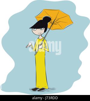 Vector illustration colorée d'une geisha, funny girl à maxi dress avec parapluie Illustration de Vecteur