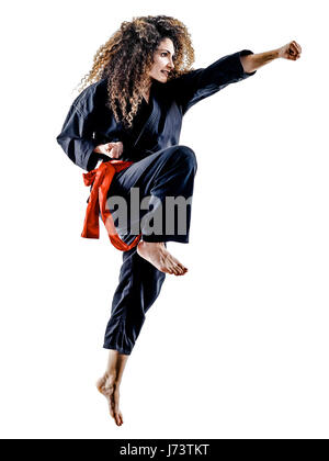 Un caucasian woman practicing arts martiaux Pencak Silat dans studio isolé sur fond blanc Banque D'Images