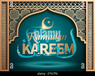 Ramadan Kareem illustration design, avec la calligraphie arabe et anglais slogan, fond bleu turquoise Illustration de Vecteur