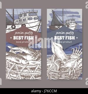 Deux étiquettes couleur avec bateau de pêche, les poissons et fruits de mer panier. Illustration de Vecteur