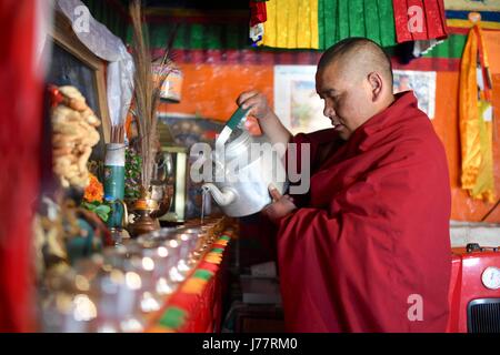 (170524) -- Lhassa, 24 mai 2017 (Xinhua) -- Lama Ngawang Peljor verse de l'eau dans les tasses à l'avant d'un créneau dans son dortoir chez le Monastère Rongpu près du Mont Qomolangma dans le sud-ouest de la Chine, région autonome du Tibet, le 17 mai 2017. Rongpu monastère, le monastère le plus haut du monde à l'altitude de plus de 5 000 mètres, situé au pied du Mont Qomolangma dans le comté de Tingri. Le 36-year-old Ngawang Peljor a pratiqué le bouddhisme dans le monastère pendant 15 ans. Il vit une vie monastique régulière et simple ici. Se lever à 8 h 30, il chante après le petit-déjeuner jusqu'à midi. Il continue de chanter jusqu'à 16 h. Banque D'Images