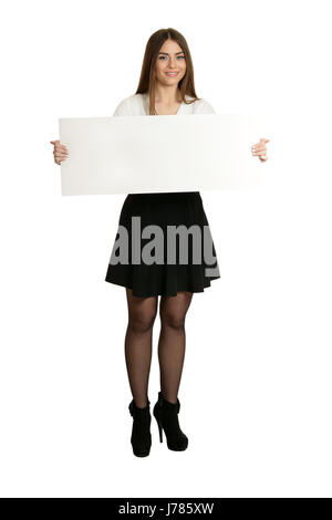 Belle femme et blanc pancarte ard ou copyspace pour slogan ou texte, isolé sur fond blanc Banque D'Images