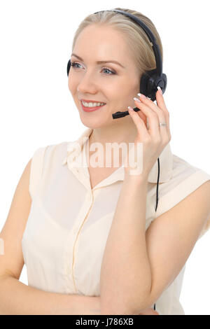L'opérateur de centre d'appels ou belle jeune femme d'affaires en isolé sur fond blanc casque Banque D'Images