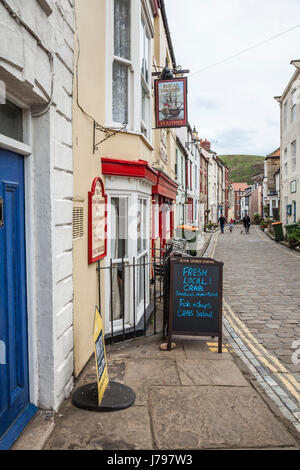 Ruelles pavées de Staithes, North Yorkshire, Angleterre,UK, avec le Royal Geoge pub au premier plan Banque D'Images