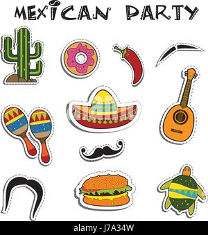 Parti mexicain appliques sticker set. Vector illustration Illustration de Vecteur