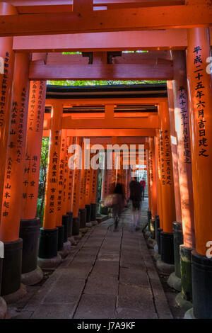 Deux personnes marcher dans le chemin de torii dynamique alors qu'un autre se présente. Hits de végétation luxuriante peut être vu dans le torii entre les lacunes. Banque D'Images