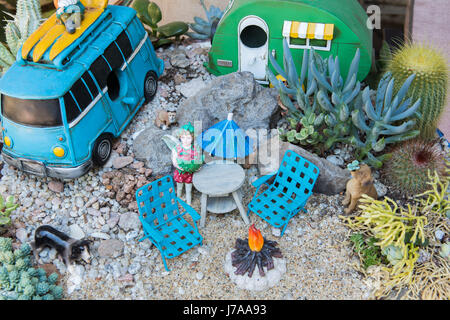 Jardin de cactus. Cactus miniature fairy garden dans une table du semoir. Banque D'Images