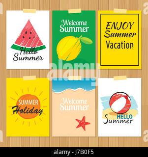 Jeu de cartes d'été dessiné à la main.Label de locations modèle plat. Illustration de Vecteur