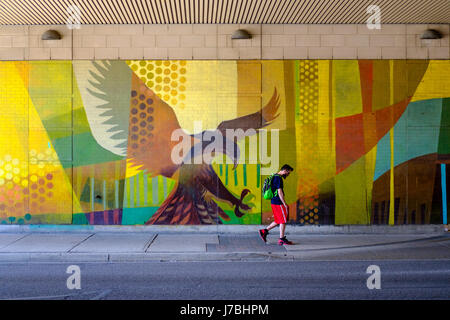 Graffiti art mural, eagle sur le point de prendre une marche des piétons masculins sur le trottoir, prédateur et proie, danger, l'endettement étudiant, sac à dos, stress concept. Banque D'Images