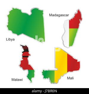 Drapeau de l'Afrique Libye Madagascar Malawi Mali atlas des cartes carte du monde isolé Banque D'Images