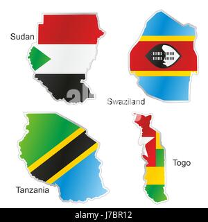 Afrique du Sud Soudan Swaziland Tanzanie Togo drapeau atlas des cartes carte du monde les pictogrammes Banque D'Images