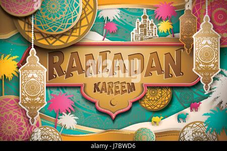 Ramadan Kareem illustration colorée avec slogan en anglais et décorations lanterne Illustration de Vecteur