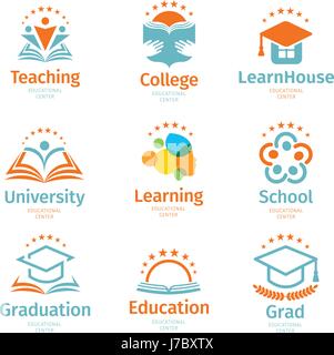 Résumé L'éducation et colorés isolé apprendre ensemble logo, de l'université et les livres scolaires, des chapeaux et des silhouettes humaines logotypes collection sur fond blanc vector illustration. Symboles d'enseignement Illustration de Vecteur