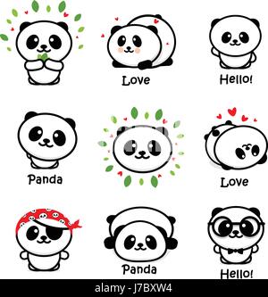 Panda mignon ours asiatiques illustrations vectorielles, Collection d'animaux chinois Simple Logo Éléments, icônes en noir et blanc Illustration de Vecteur