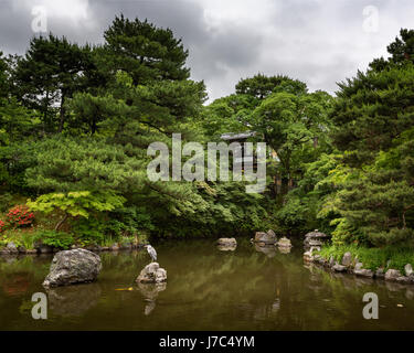 Heron assis sur le rocher dans l'étang, parc Maruyama, Kyoto, Japon Banque D'Images