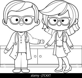 Médecins de dessins animés en manteaux blancs. Heureux professionnels de la santé masculins et féminins à l'hôpital. Page de coloriage noir et blanc vectoriel. Illustration de Vecteur
