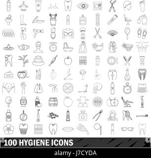 Hygiène 100 icons set style du contour, Illustration de Vecteur