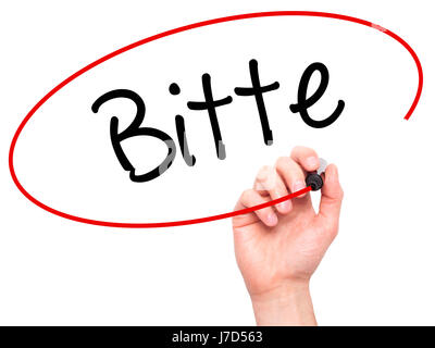 Man main écrit Bitte (veuillez en allemand) avec marqueur noir sur l'écran visuel. Isolé sur fond. Le commerce, la technologie, internet concept. Ph Stock Banque D'Images