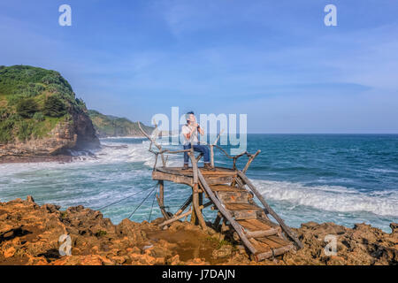 View point à Timang beach, Yogyakarta, Java, Indonésie, Asie Banque D'Images