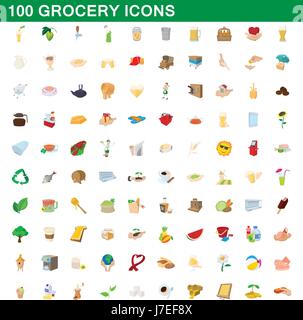 100 icons set épicerie, cartoon style Illustration de Vecteur