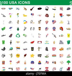 Usa 100 set d'icônes de style cartoon, Illustration de Vecteur
