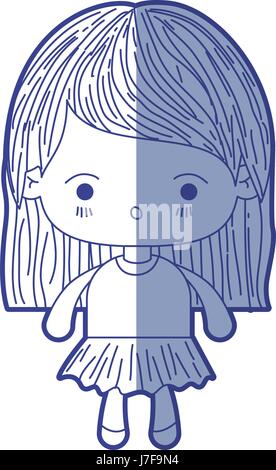 Ombrage bleu silhouette de kawaii petite fille avec les cheveux droits et l'expression de son visage surpris Illustration de Vecteur