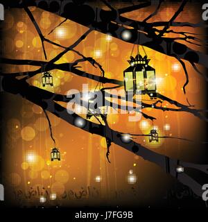 La lanterne est suspendu à un arbre dans le contexte d'un zholtoy d'or sur le ciel. Le concept du jeûne. La religion est l'Islam. Le Ramadan est la fin de Illustration de Vecteur