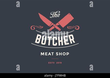 L'emblème de la viande de boucherie boutique avec Cleaver et couteaux des Chefs Illustration de Vecteur