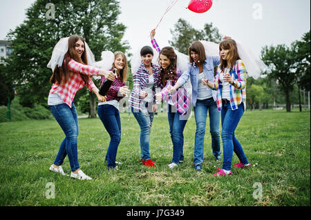 Six filles à chemises à carreaux drinking champagne on hen party. Groupe de professionnels des filles. Banque D'Images