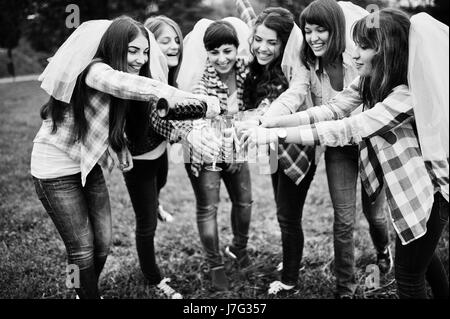 Six filles à chemises à carreaux drinking champagne on hen party. Groupe de professionnels des filles. Banque D'Images