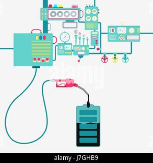 L'usine de machines et de ravitaillement en pétrole Raffinage d'une batterie. La forme de la batterie d'être rempli par un gaz d'huile avec pompe. Illustration de Vecteur