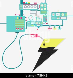 L'usine de machines et de ravitaillement en pétrole raffinage un symbole d'éclair. La forme de la foudre étant comblé par une huile avec pompe à gaz. Illustration de Vecteur