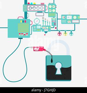 L'usine de machines et de ravitaillement en pétrole raffinage un cadenas. Forme de cadenas d'être rempli par un gaz d'huile avec pompe. Illustration de Vecteur