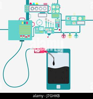 L'usine de machines et de ravitaillement en pétrole Raffinage d'un téléphone. D'être rempli par un Smartphone avec de l'huile de la pompe à gaz. Illustration de Vecteur