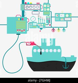 L'usine de machines ou d'huile de raffinage et de ravitaillement d'un navire. Forme de navire d'être rempli par un gaz d'huile avec pompe. Illustration de Vecteur