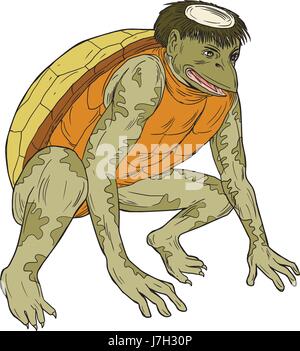 Style croquis dessin illustration d'un kawataro komahiki, kappa, ou kawatora, un démon yokai ou imp trouvés dans le folklore traditionnel japonais qui est hum Illustration de Vecteur