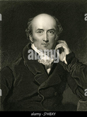 Gravure ancienne 1836, George Canning. George Canning (1770-1827) était un homme d'État britannique et homme politique conservateur qui a servi dans divers postes importants au sein du cabinet en vertu de nombreux premiers ministres, avant que lui-même agissant comme premier ministre pour les quatre derniers mois de sa vie. SOURCE : gravure originale. Banque D'Images