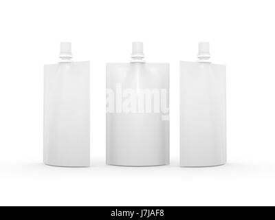 Jus blanc vide emballage sac avec bec verseur couvercle, chemin de détourage inclus. Maquette plastique pack pour produits liquides comme les jus de fruits, lait ou la gelée, Lire Banque D'Images