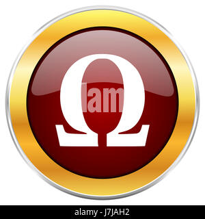 L'icône web rouge Omega avec golden border isolé sur fond blanc. Bouton brillant rond. Banque D'Images