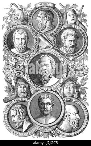 Sophokles, Eschyle, Hérodote, Socrate, Aristophane, Euripide, Thucydide, auteurs grecs classiques Banque D'Images