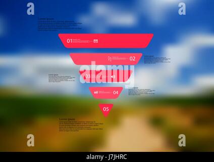 Illustration infographie template avec motif de triangle divisé horizontalement à cinq sections rouge autonome avec simple signe, le nombre et l'exemple de texte Illustration de Vecteur