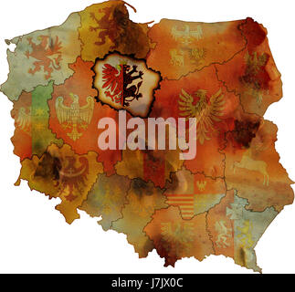 La rouille blanche du drapeau Pologne manteau rétro de l'administration périphérique province atlas des cartes la carte Banque D'Images