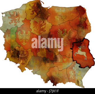 La rouille blanche du drapeau Pologne manteau rétro de l'administration périphérique province atlas des cartes la carte Banque D'Images