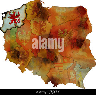 La rouille blanche du drapeau Pologne manteau rétro de l'administration périphérique province atlas des cartes la carte Banque D'Images