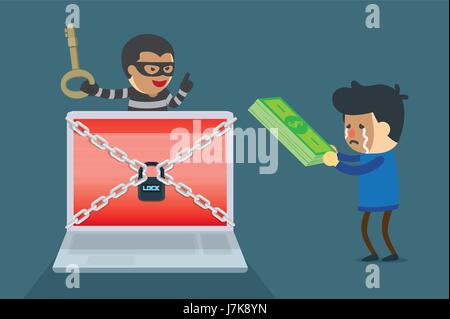La demande de paiement de l'argent criminel cybernétique d'échanger avec la clé pour déverrouiller les systèmes informatiques. Illustration de Vecteur