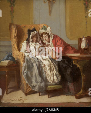 Cette peinture, 'Twee dames bij het beschouwen van een schilderijtje', d'Alexander Hugo Bakker Korff, représente deux femmes admirant une peinture, mettant en valeur le genre européen du XIXe siècle Banque D'Images