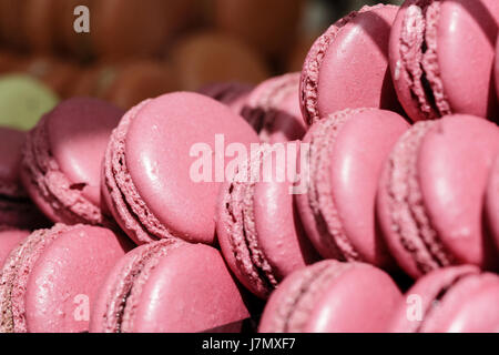 Des petits macarons rose pour la vente, Close up. Banque D'Images